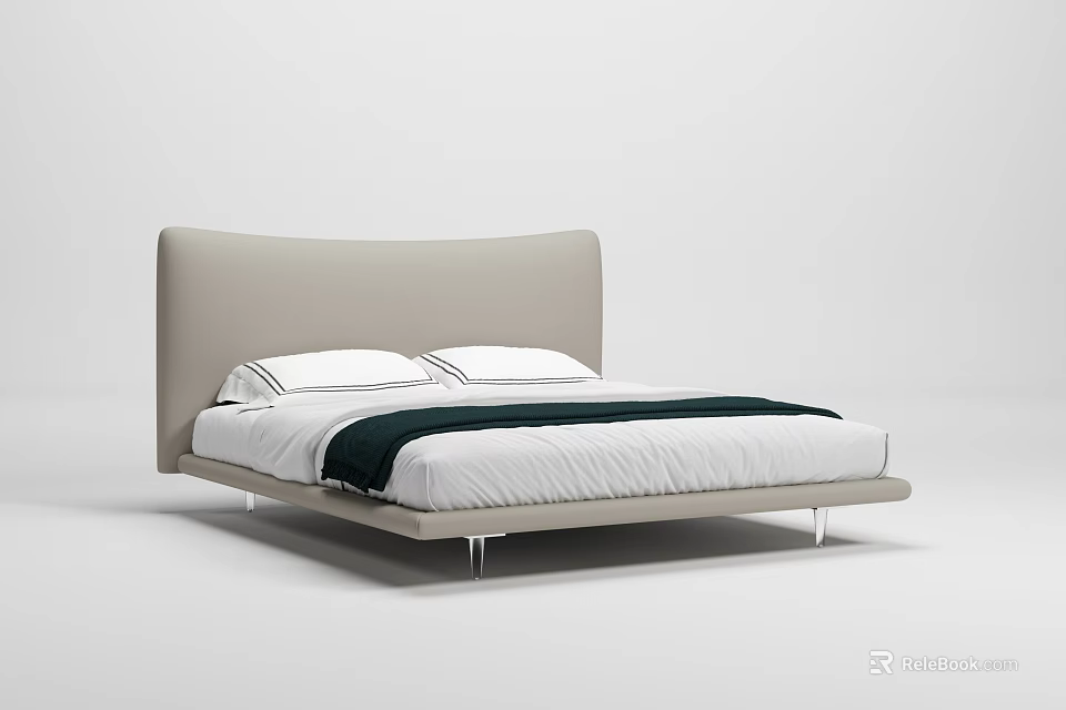 Modern Double Bed Design With Padded Headboard White Sheets And Black Blanket 3d model 