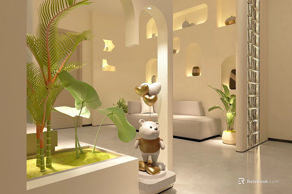 Modern Interior Design With Leafy Plants White Sofa Arched Walls And Decorative Figurines 3d model 
