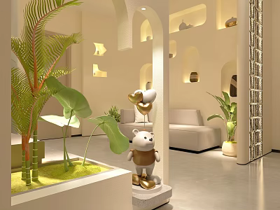Modern Interior Design With Leafy Plants White Sofa Arched Walls And Decorative Figurines 3d model