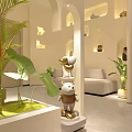 Modern Interior Design With Leafy Plants White Sofa Arched Walls And Decorative Figurines