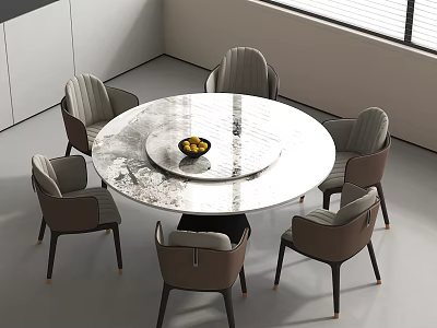 Modern Round Dining Table Set With Marble Tabletop And Comfortable Chairs 3d model