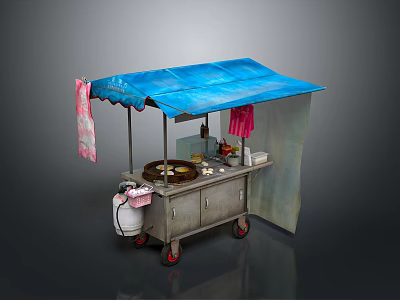 Mobile Food Cart with Blue Canopy Featuring Cooking Utensils Condiment Bottles Hanging Cloths and Wheels 3d model