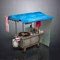 Mobile Food Cart with Blue Canopy Featuring Cooking Utensils Condiment Bottles Hanging Cloths and Wheels