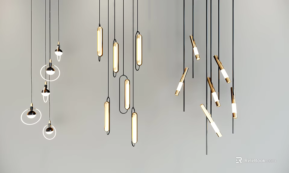 Contemporary Pendant Lights With Various Modern Designs Gold Silver Finishes Warm Glow Grey Wall Interior 3d model 