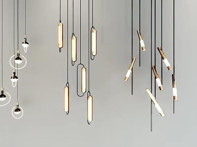 Contemporary Pendant Lights With Various Modern Designs Gold Silver Finishes Warm Glow Grey Wall Interior 3d model