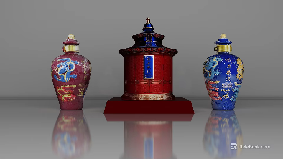 Elegant Traditional Wine Bottles With Red Blue Dragon Patterns Golden Lids On Red Base 3d model 