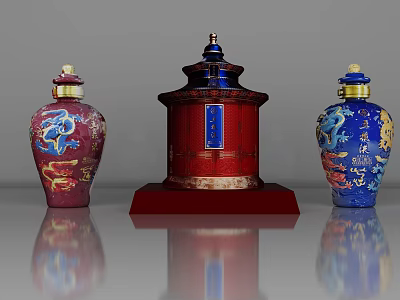 Elegant Traditional Wine Bottles With Red Blue Dragon Patterns Golden Lids On Red Base 3d model
