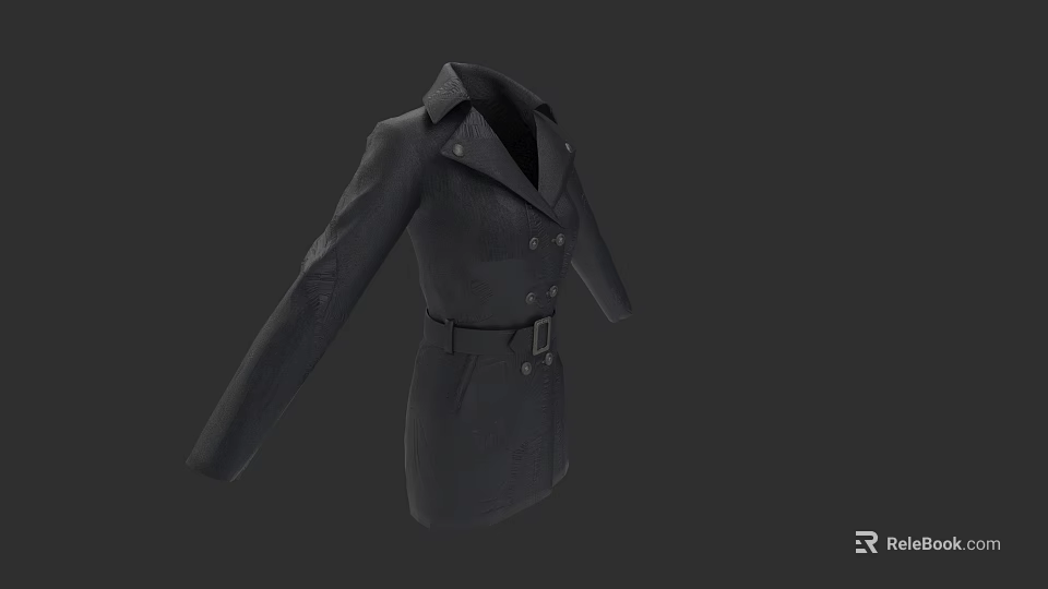 Black Trench Coat With Lapel Collar Belted Waist And Classic Design 3d model 