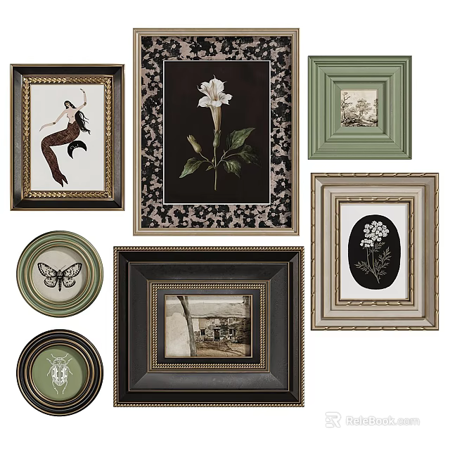 Round Frame Paintings With Butterfly Flower And Landscape Designs For Home Decor 3d model