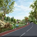 Curved Municipal Road With Red Bicycle Lane Green Vegetation Trees Flowers And Pond