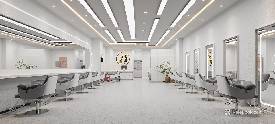 Modern Hair Salon Interior With White Decor Mirrors Chairs And Plants 3d model 