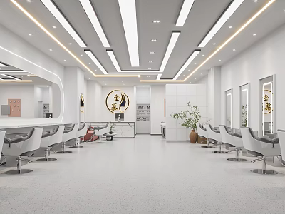 Modern Hair Salon Interior With White Decor Mirrors Chairs And Plants 3d model