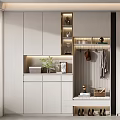 Modern White Shoe Cabinet Design With Storage Lighting Clothing Hanging And Plants In Entryway