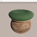 Elegant Round Stool With Wooden Base Green Padded Seat And Woven Edge Detail