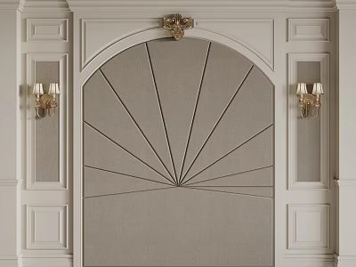 Elegant Bedroom Accent Wall With Arched Design Fan Shaped Pattern Gold Accents And Wall Sconces 3d model