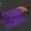 Single Bed with Wooden Frame Blue Striped Blanket Draped and Blue Pillow