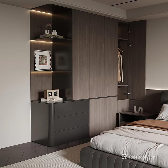 Modern Dark Wood Wardrobe With Storage Drawers And Decorative Items In Bedroom Setting 3d model 