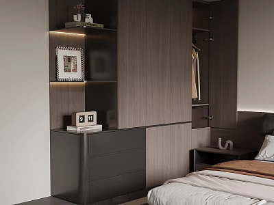 Modern Dark Wood Wardrobe With Storage Drawers And Decorative Items In Bedroom Setting 3d model