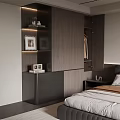 Modern Dark Wood Wardrobe With Storage Drawers And Decorative Items In Bedroom Setting