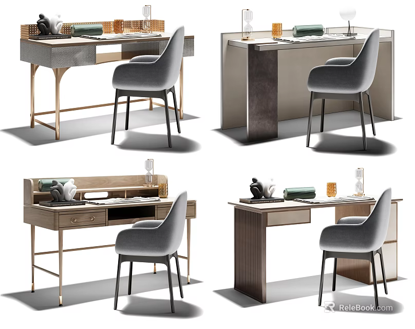 Modern Wooden Desk With Metal Legs Gray Chair Table Lamp And Green Notebook 3d model 