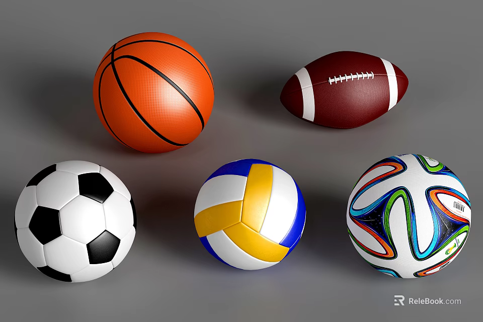Various Sports Equipment Collection With Basketball Football Soccer Ball Volleyball And Colorful Patterned Ball 3d model 
