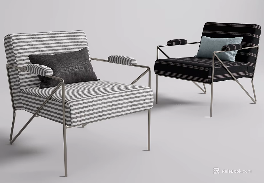 Modern Single Sofa With Striped Upholstery Metal Frame And Decorative Accent Pillows 3d model 
