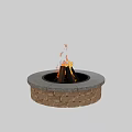 Outdoor Circular Fire Pit with Brick Base Stone Top and Burning Flames 3d model