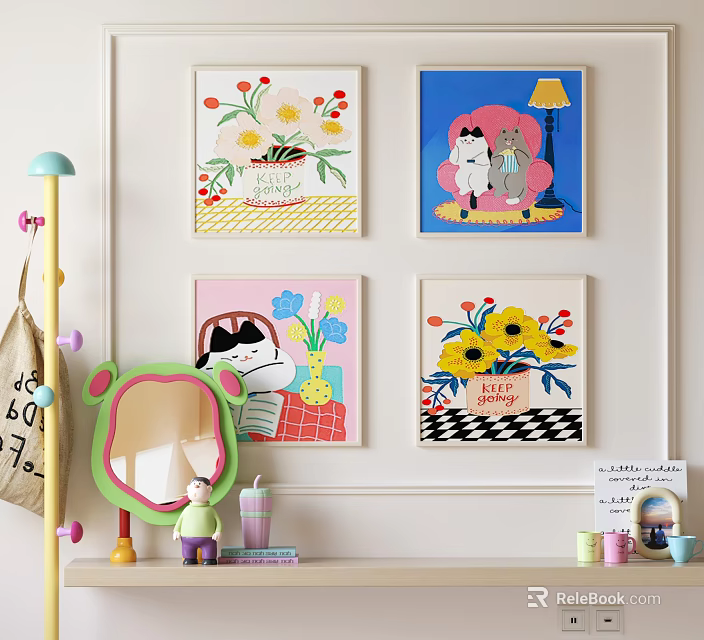 Cute Doll in Kids Room with Colorful Wall Paintings Cartoon Mirror and Small Decorations 3d model 