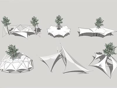 Modern Tensile Membrane Structures With Various Creative Designs Different Shapes And Trees 3d model