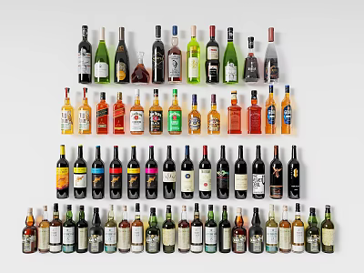 Organized Collection Of Various Wine And Liquor Bottles In Multiple Layers On White Background 3d model