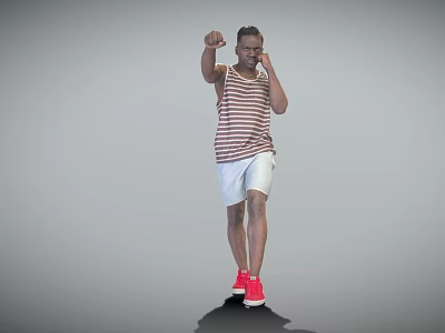 Man In Striped Tank Top White Shorts Red Sneakers Doing Boxing Pose On Gray Background 3d model