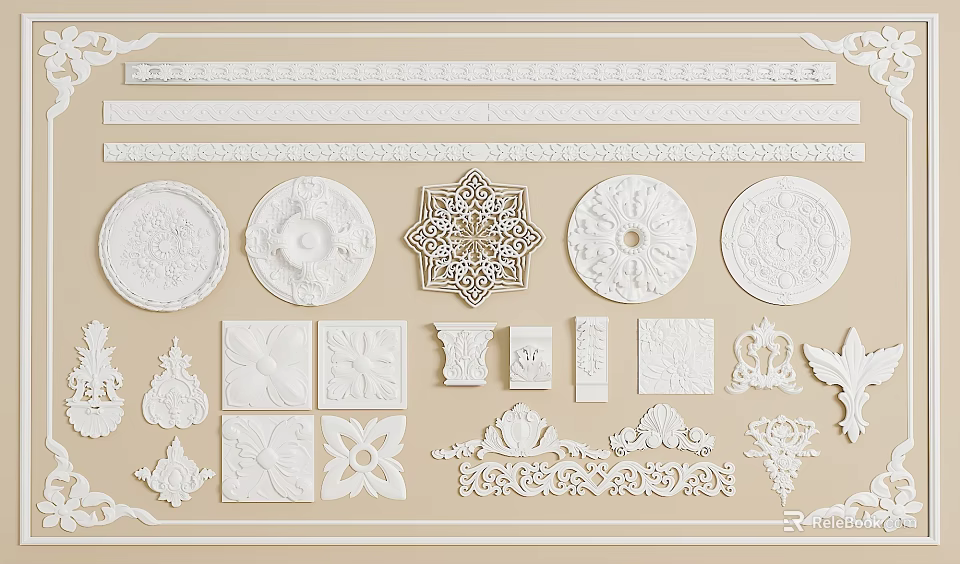Various Decorative Gypsum Molding Designs Including Ornate Plates And Patterns 3d model 