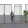 Glass Room Divider In Modern Interior With Black Frame Vertical Stripes And Plants