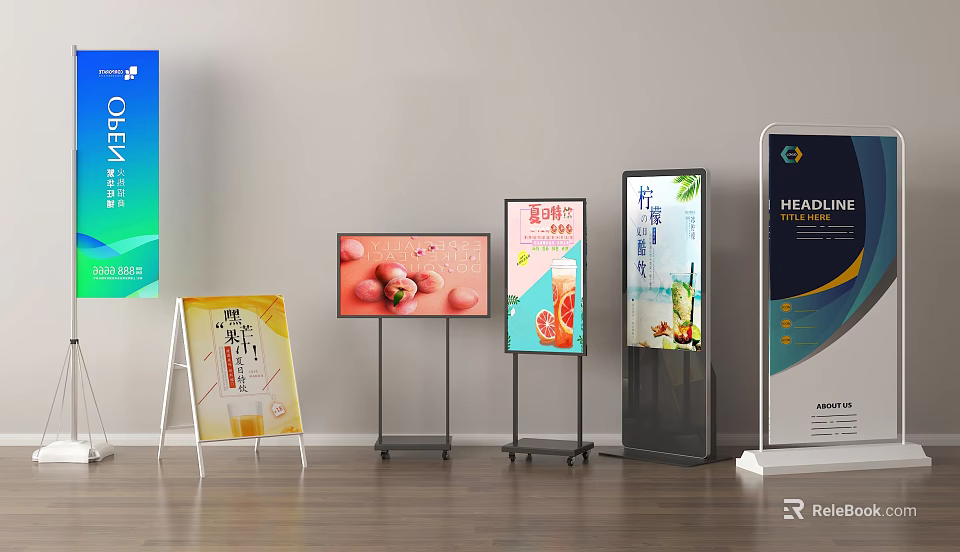 Various Modern Style Advertising Billboards Featuring OPEN Sign Fruit And Drink Displays 3d model 