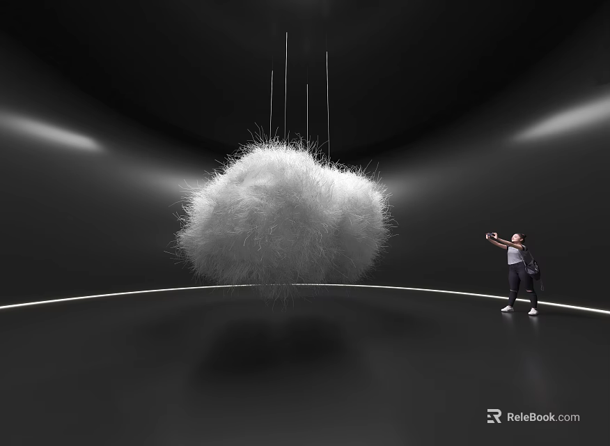 Large White Fluffy Art Installation Suspended In Dark Room With Person Interacting 3d model 