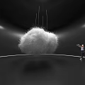 Large White Fluffy Art Installation Suspended In Dark Room With Person Interacting