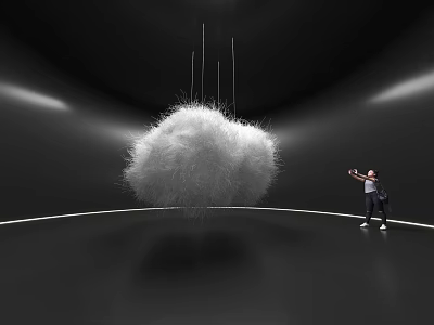 Large White Fluffy Art Installation Suspended In Dark Room With Person Interacting 3d model