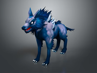 Fierce Blue Mythical Wolf With Spiky Fur And Red Fangs As Game Character 3d model