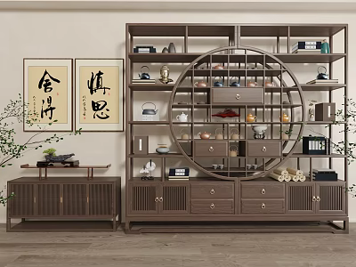 Traditional Chinese Display Shelf With Calligraphy Scrolls Tea Sets And Circular Design 3d model