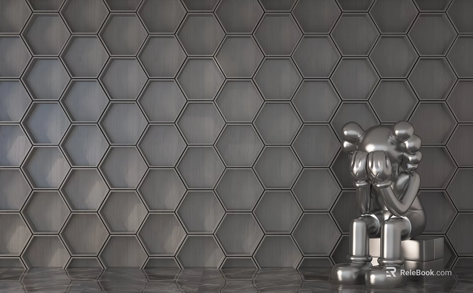 Silver Hexagonal Patterned Background Wall With Metallic Texture And Decorative Sculpture 3d model