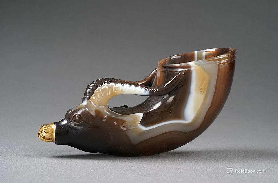 Unique Ox Head Shaped Agate Cup With Golden Decorative Details And Smooth Surface Design 3d model 