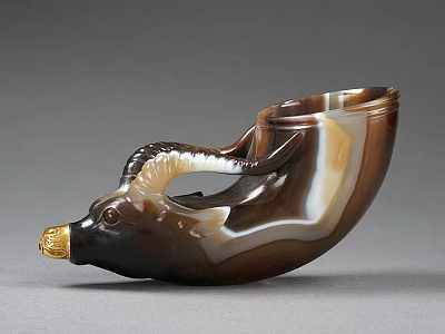 Unique Ox Head Shaped Agate Cup With Golden Decorative Details And Smooth Surface Design 3d model