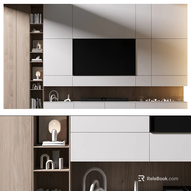 Modern TV Wall Design With White Cabinets Wooden Panels Open Shelves And Built In TV 3d model 