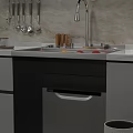 Contemporary Kitchen Featuring Stainless Steel Sink With Fresh Fruits On Marble Countertop And Coffee Machine
