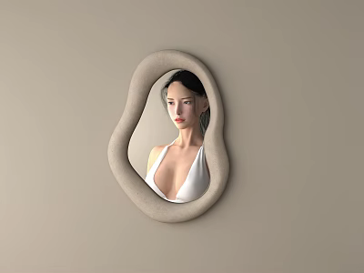 Irregular Shaped Mirror With Neutral Frame On Light Beige Wall Reflection Of Woman In White 3d model