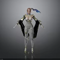Female Character With White Outfit Golden Details Pink Blue Hair And Black Cape