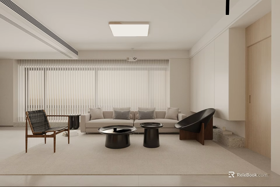 Modern Minimalist Beige Living Room Design With Comfortable Sofa Coffee Tables And Stylish Lounge Chairs 3d model 