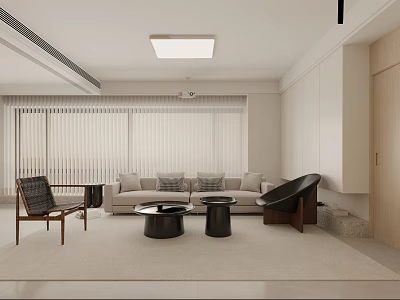 Modern Minimalist Beige Living Room Design With Comfortable Sofa Coffee Tables And Stylish Lounge Chairs 3d model