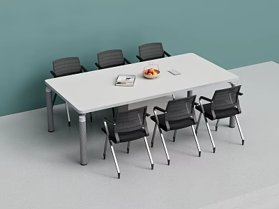White Conference Table with Six Black Chairs Magazine Fruit Bowl Pen and Green Wall 3d model