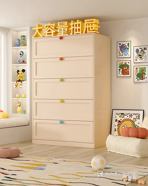 Beige Chest of Drawers with Colorful Knobs in Children's Room with Paintings and Stuffed Toys 3d model 
